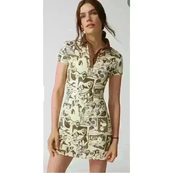 Urban Outfitters Hazel Printed Polo Mini Dress In Brown Multi Size XS 50s Retro - Picture 1 of 10